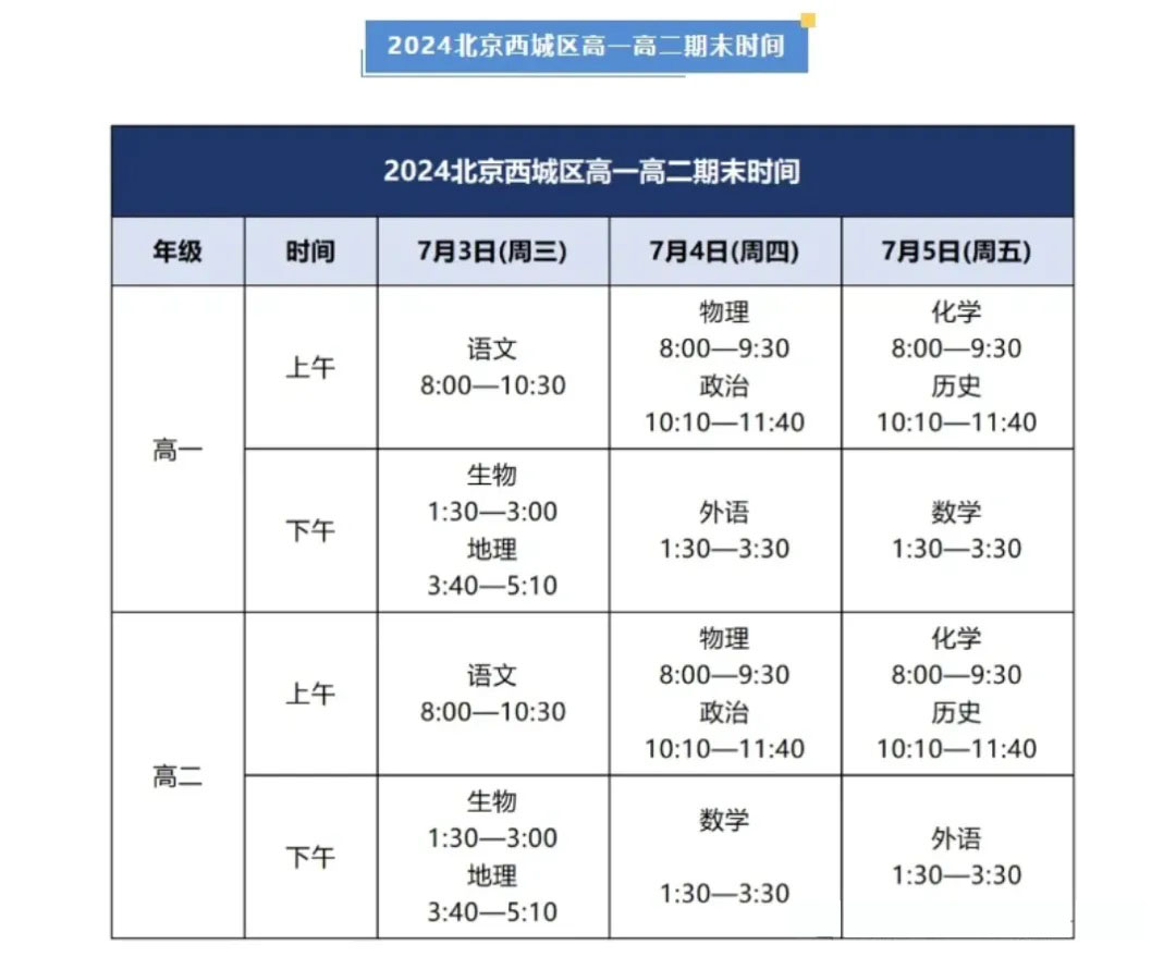 2024北京西城区高一高二下学期期末考试时间