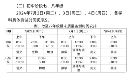 2024北京各区初一初二下学期期末考试时间