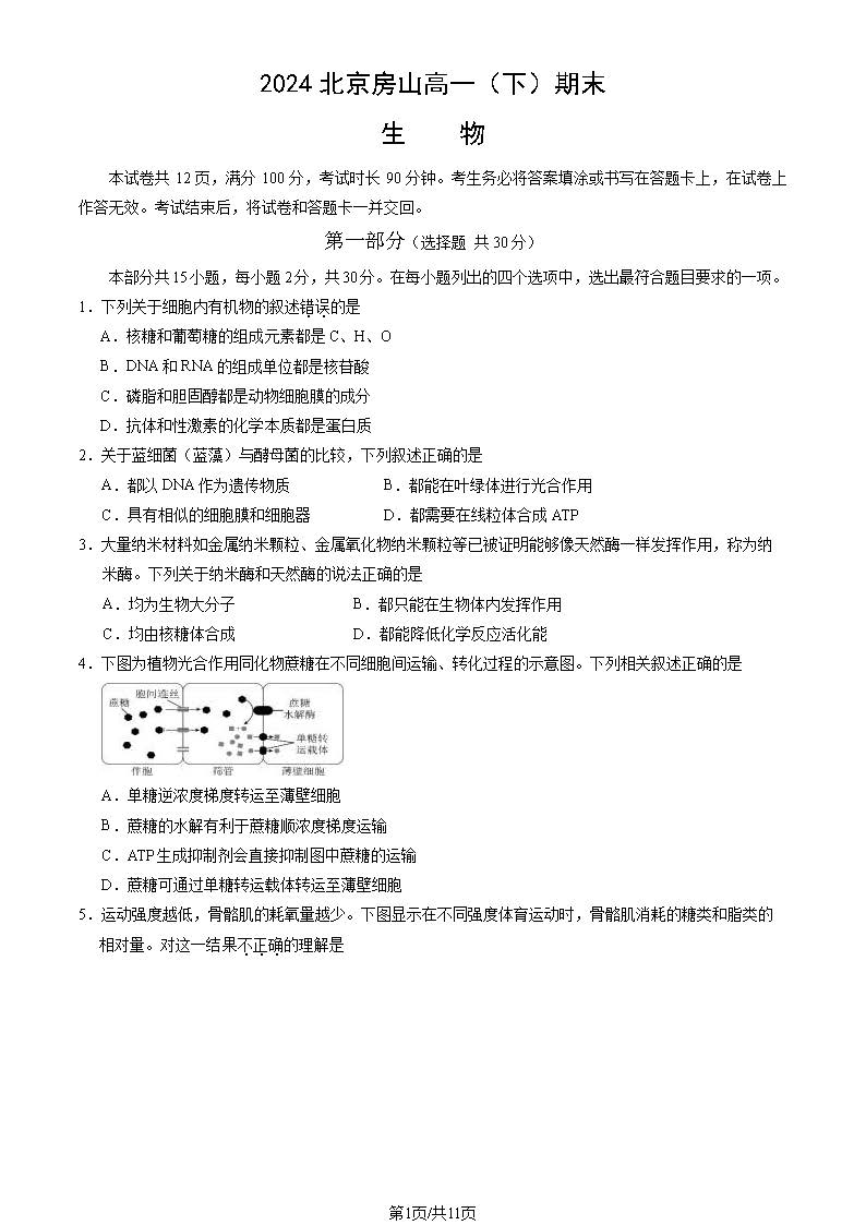 2023-2024学年北京房山区高一下学期期末生物试题及答案