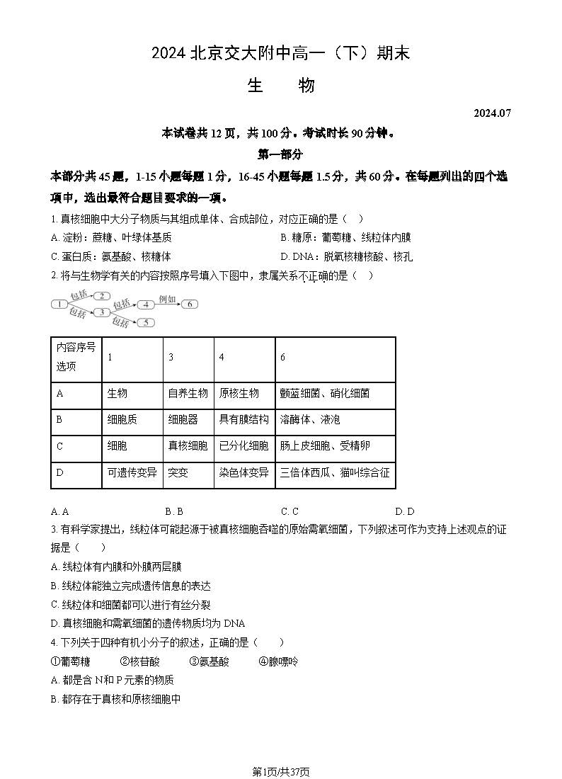 2023-2024学年北京交大附中高一下学期期末生物试题及答案