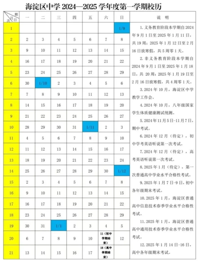 海淀区2024-2025学年各级学校第一学期考试安排