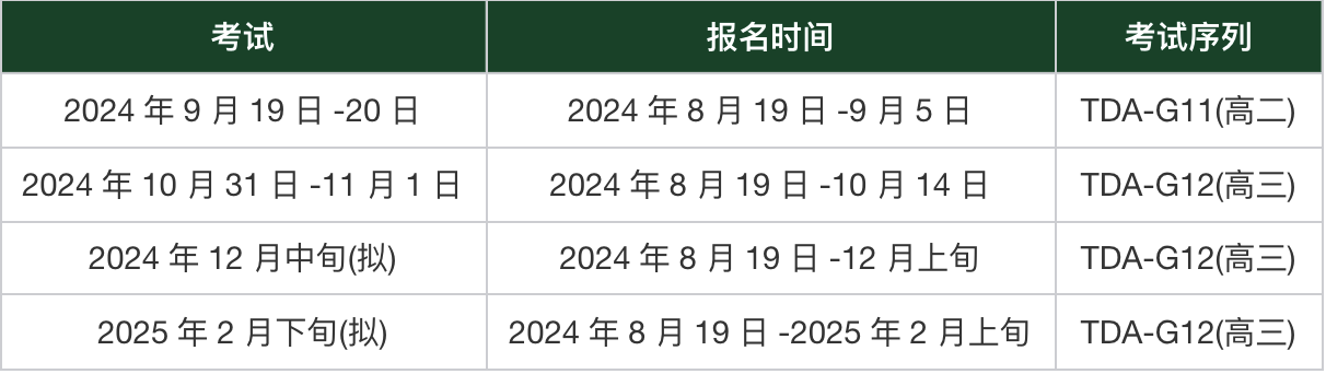 2024-2025学年诊断性测试(TDA)考试时间及报名方式