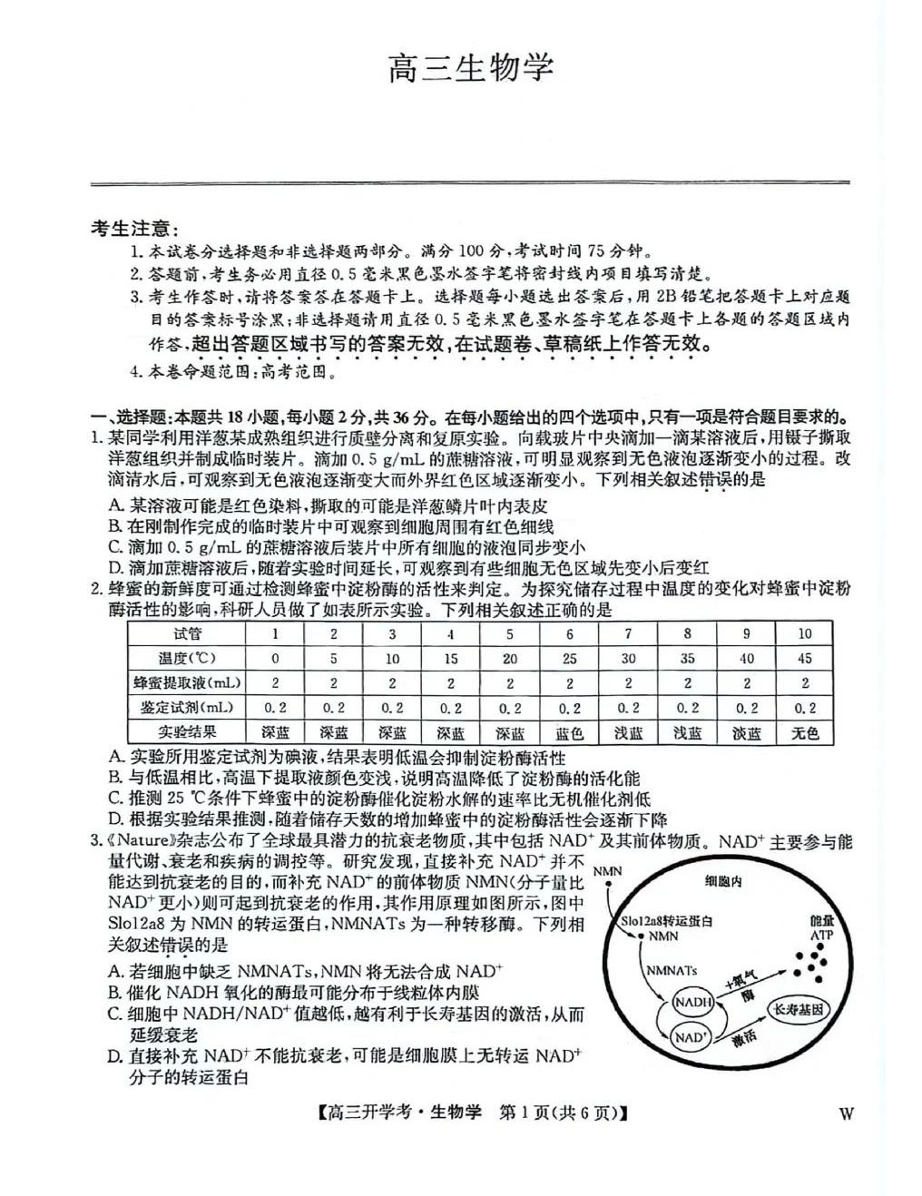 2025届九师联盟高三9月开学考生物试题及答案