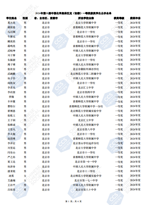 2024第38届化学竞赛初赛北京一等奖（省一）获奖名单