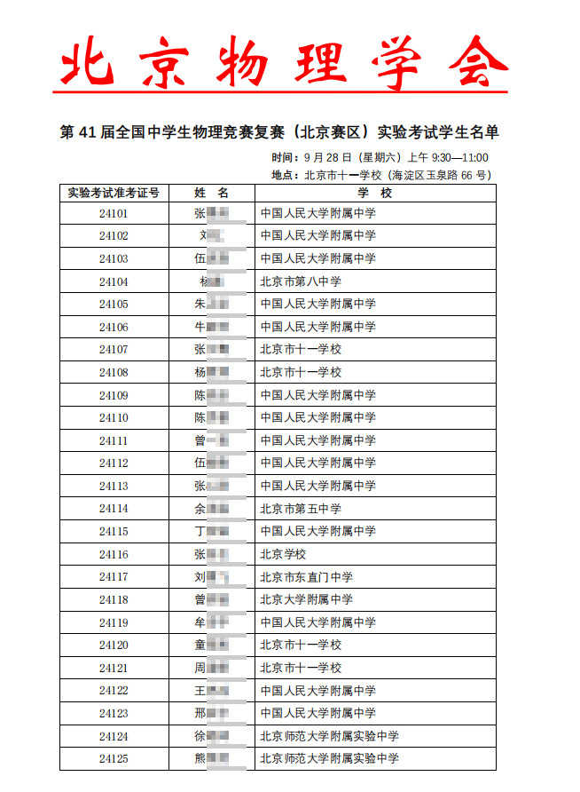 北京市2024物理竞赛复赛进入实验考试名单