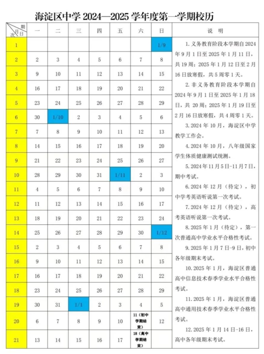 2024-2025学年北京海淀区各年级期中考试时间安排