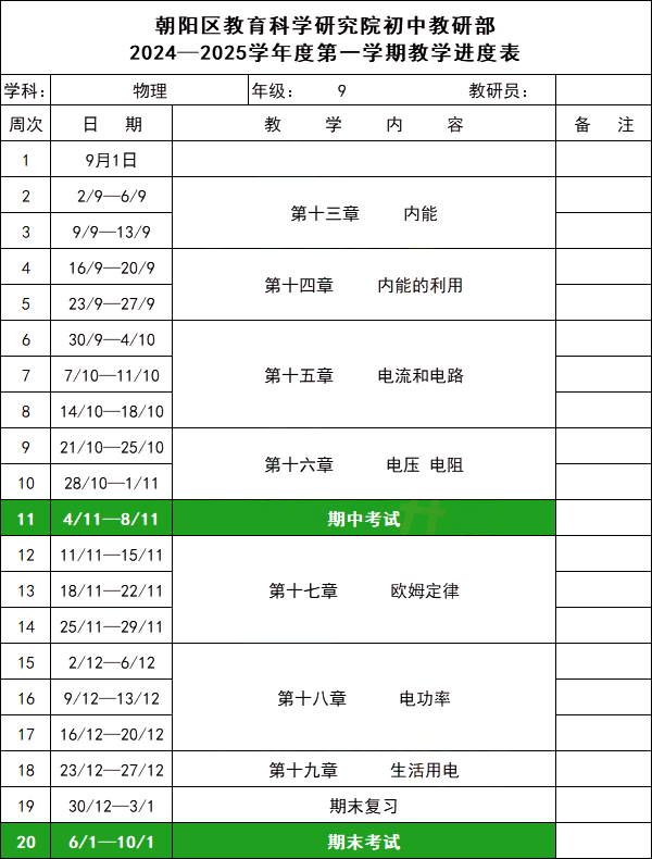 2024-2025学年北京朝阳区各年级期中考试时间安排