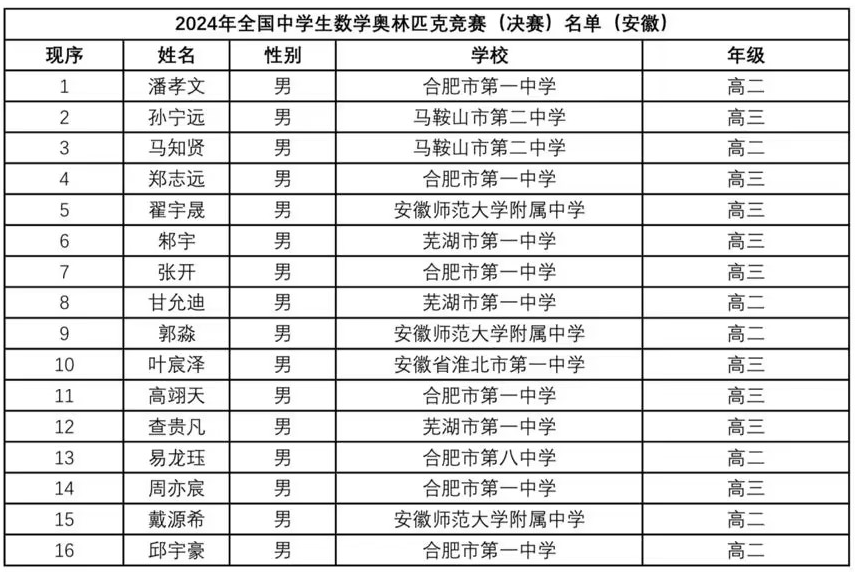 2024数学竞赛联赛安徽省队获奖名单