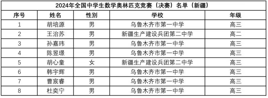 2024全国中学生数学竞赛联赛新疆赛区省队获奖名单