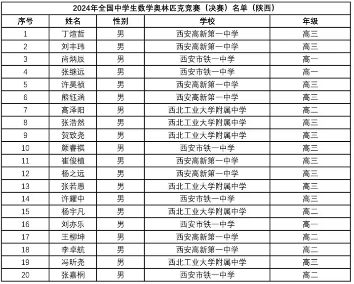 2024全国中学生数学竞赛联赛陕西赛区省队获奖名单