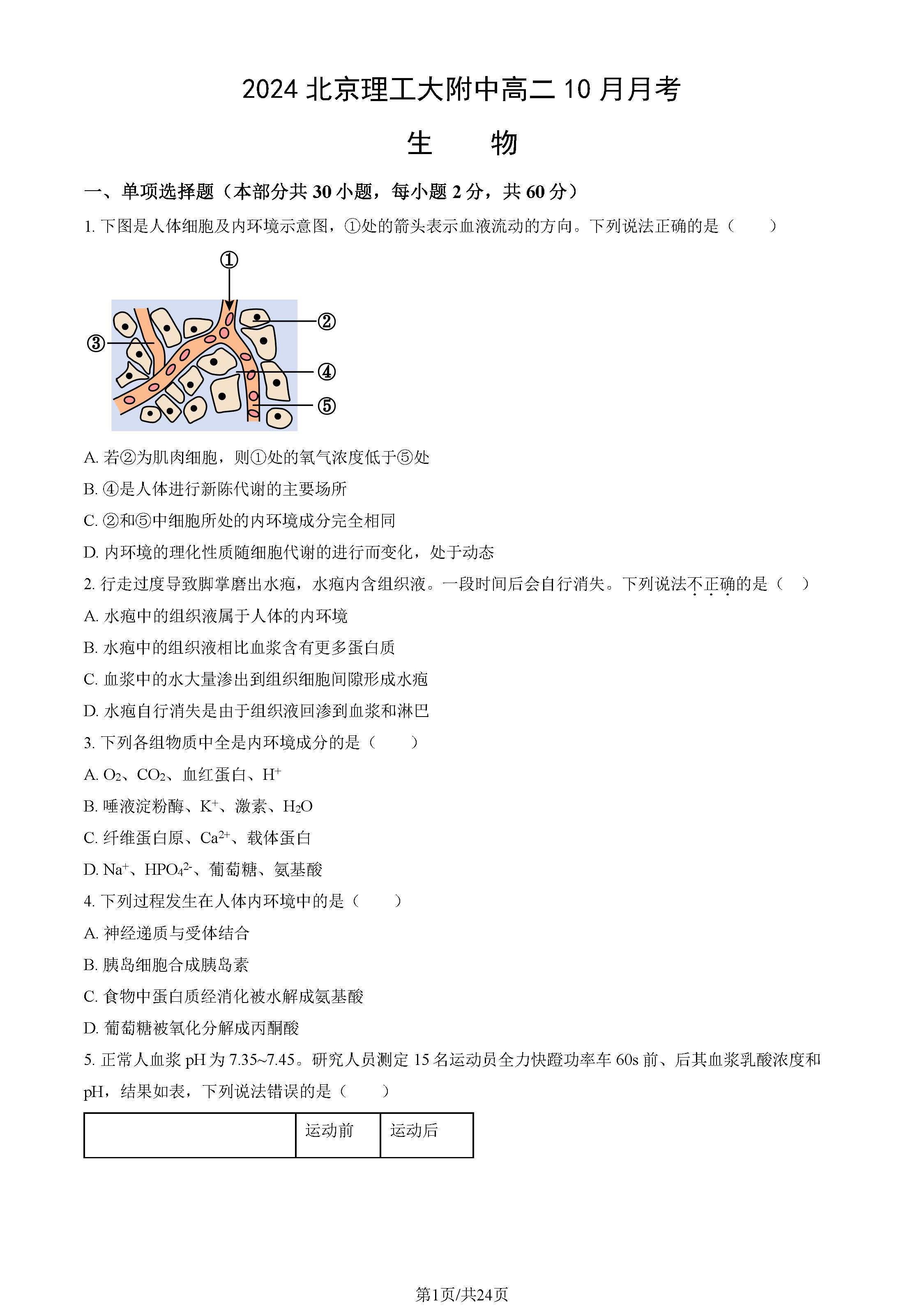 2024年北京理工大附中高二10月月考生物试题及答案