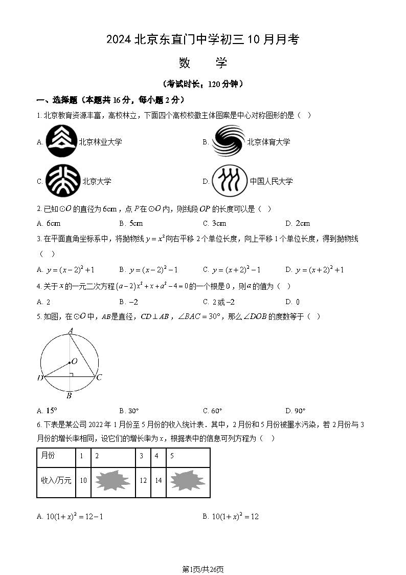 2024-2025学年北京东直门中学初三10月月考数学试题及答案