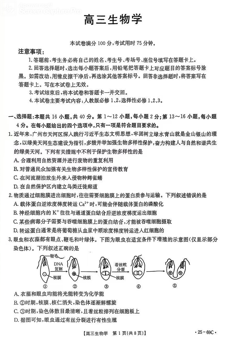 2025届广东高三金太阳10月联考生物试题及答案