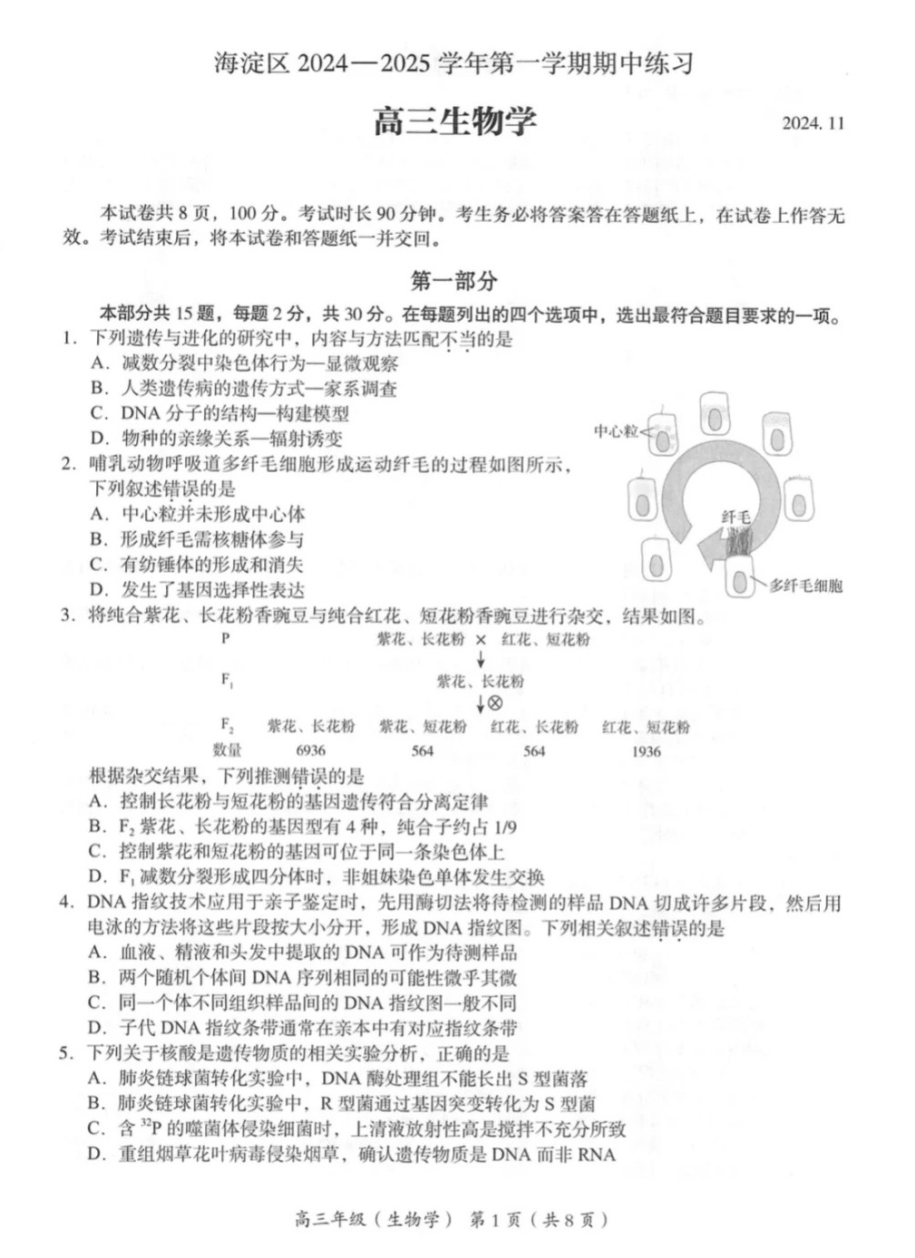 2024年北京海淀区高三期中生物试题及答案