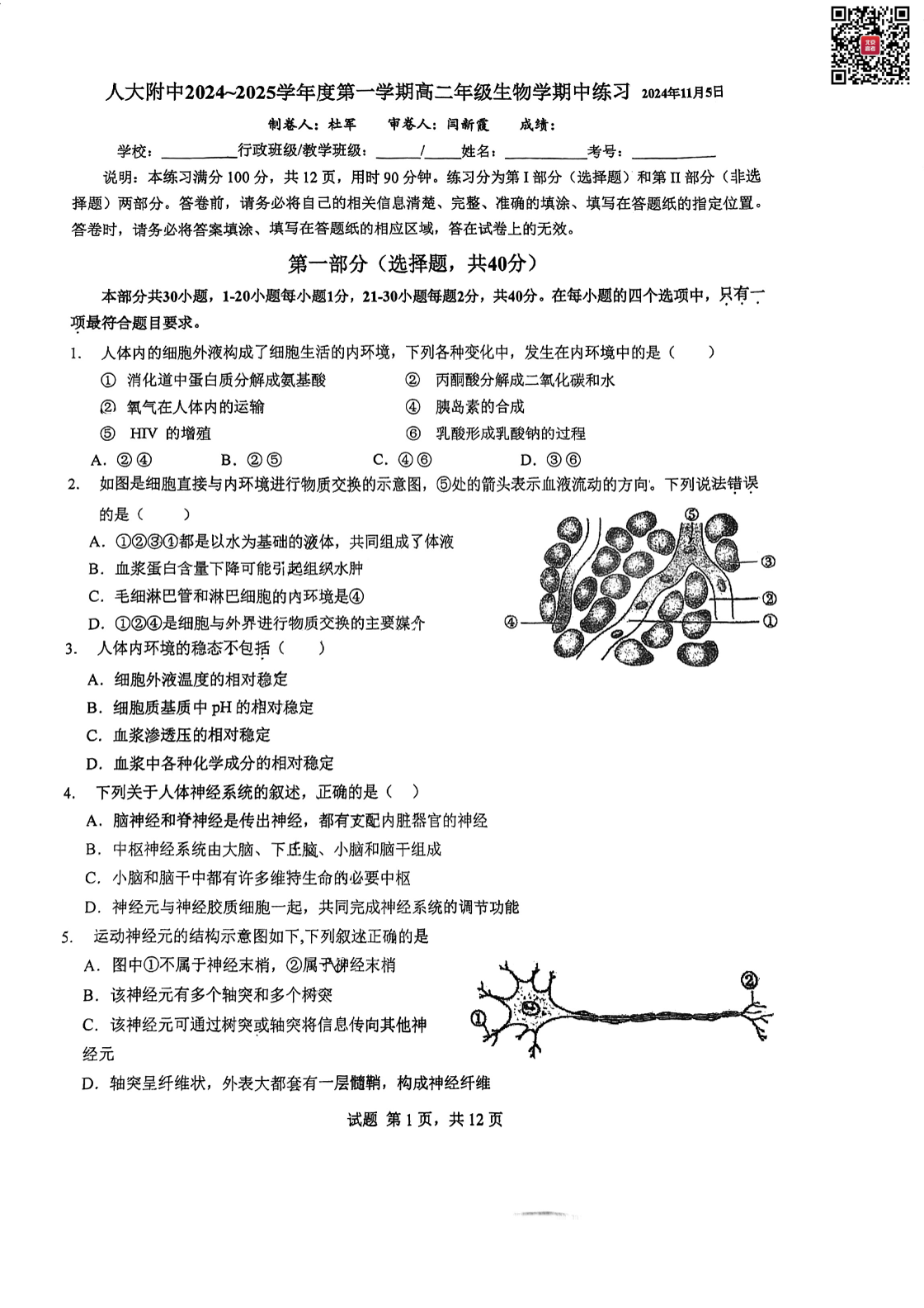 2024年人大附中高二上学期期中生物试题及答案