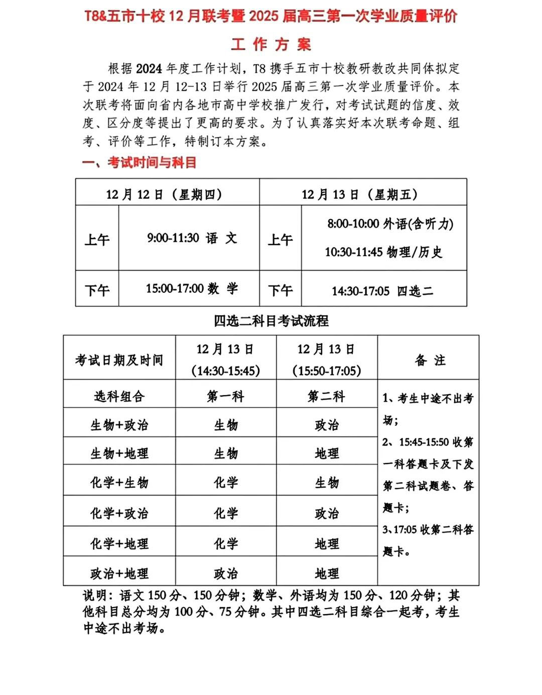 2025届高三第一次八省联考（T8联考）考试时间安排