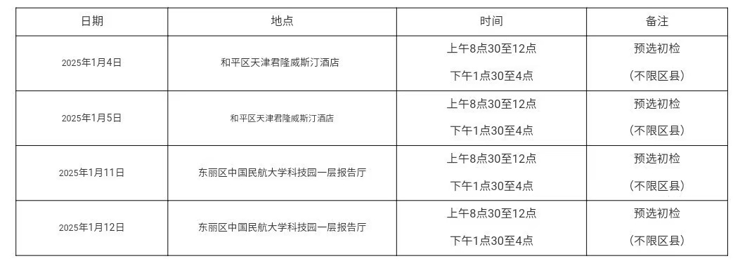 中国民航大学2025年天津招飞初检行程安排