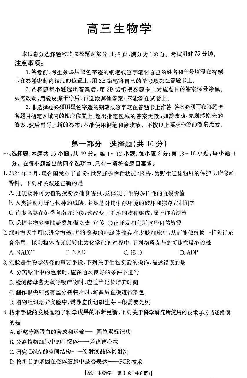 2025广东高三金太阳11月份联考生物试题及答案