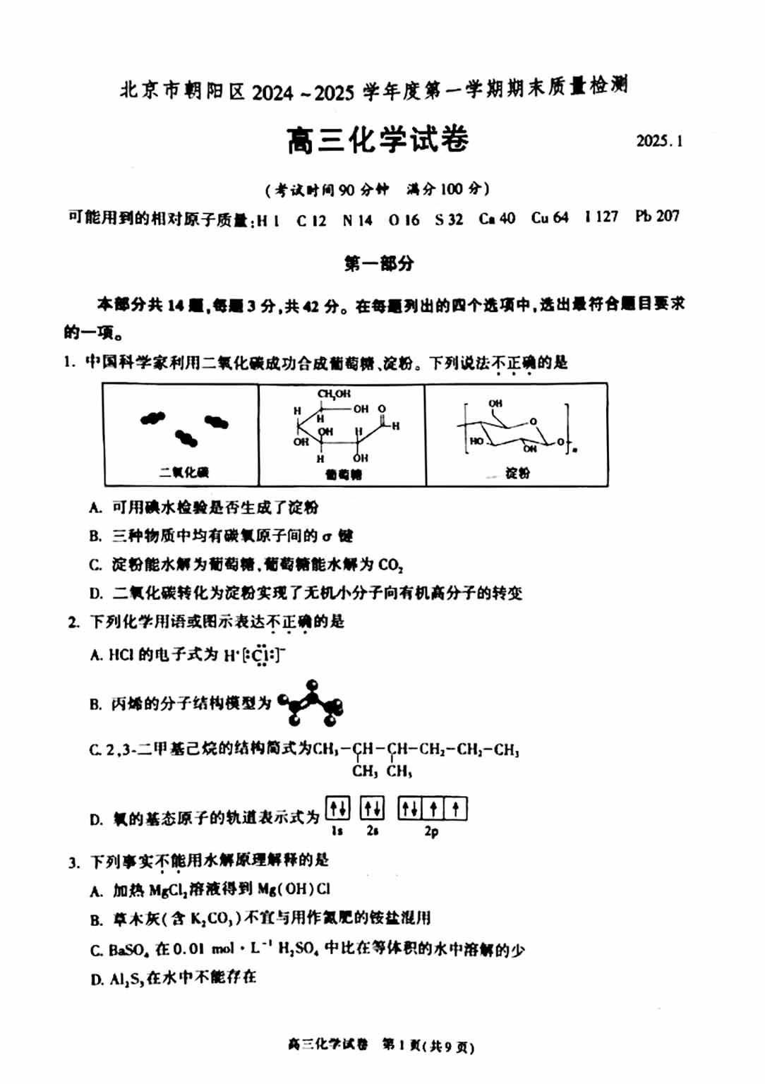 2024-2025学年北京朝阳区高三期末化学试题及答案