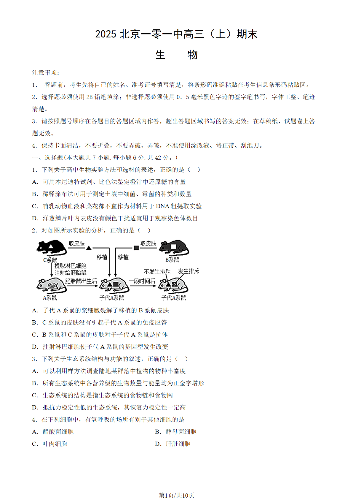 2024-2025学年北京一零一中高三期末生物试题及答案