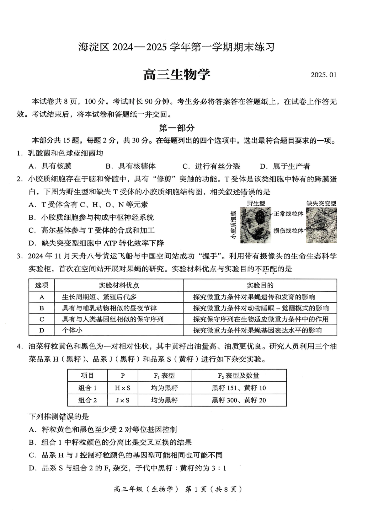 2024-2025学年北京海淀区高二上学期期末生物试题及答案