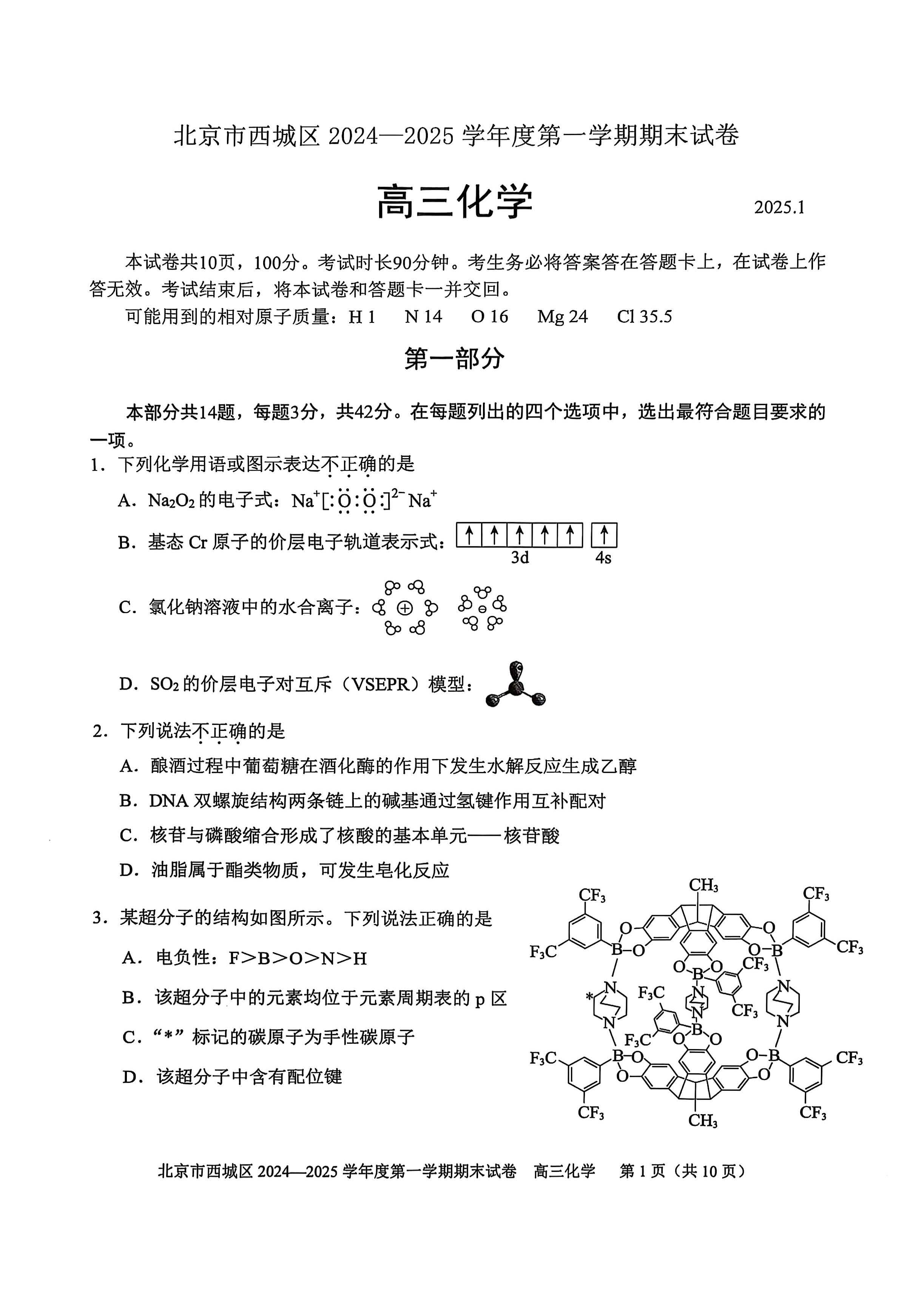 2024-2025学年北京西城区高三期末化学试题及答案