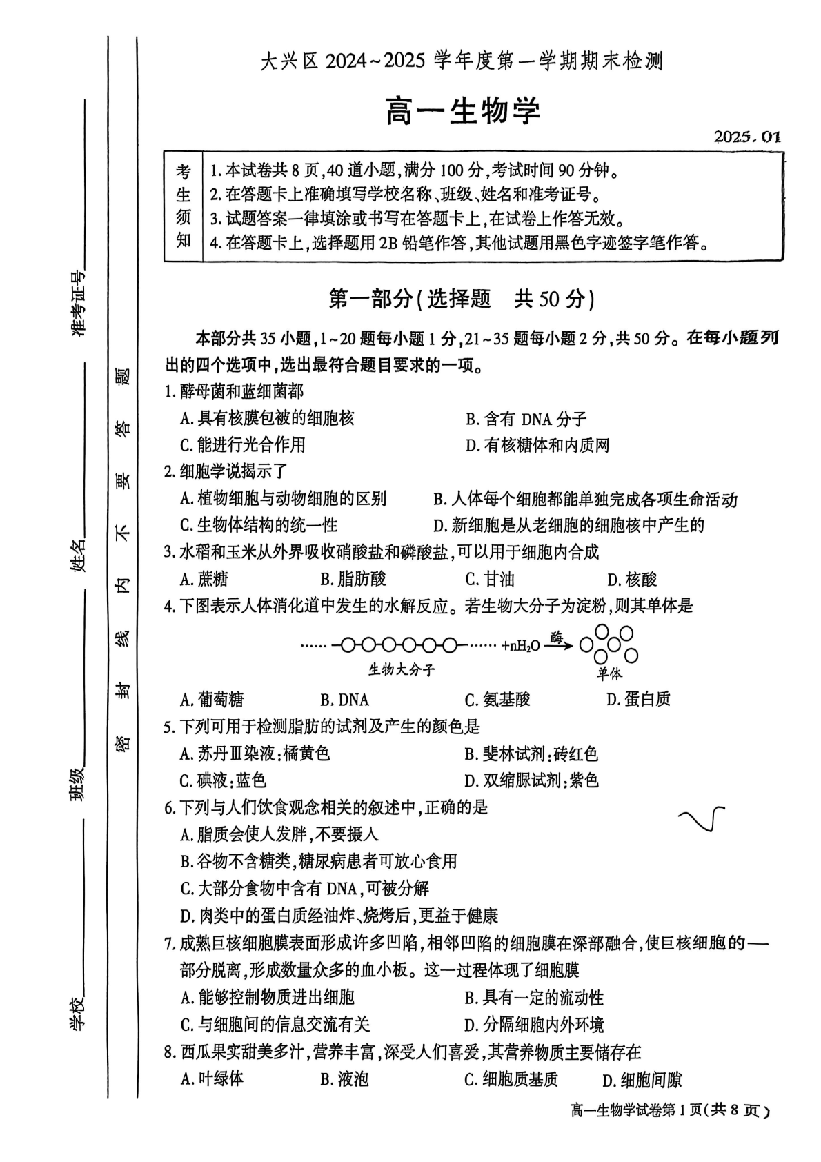 2024-2025学年北京大兴高一期末生物试题及答案