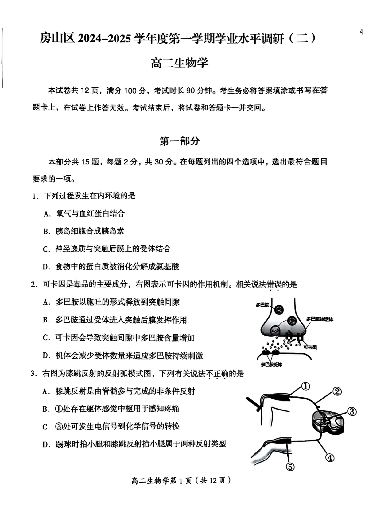 2024-2025学年北京房山区高二上学期期末生物试题及答案