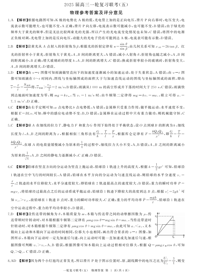 2025届百师联盟高三一轮复习联考（五）物理试题及答案（G）