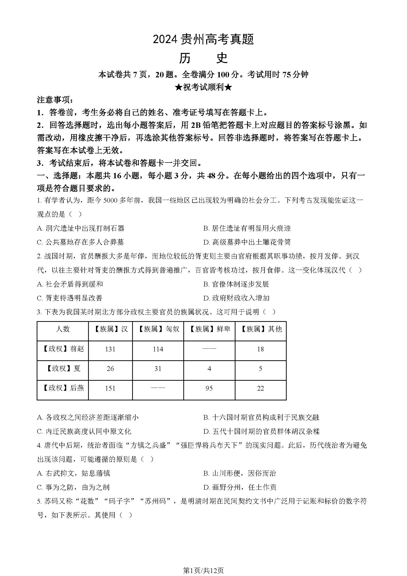 2024贵州高考历史试题及答案