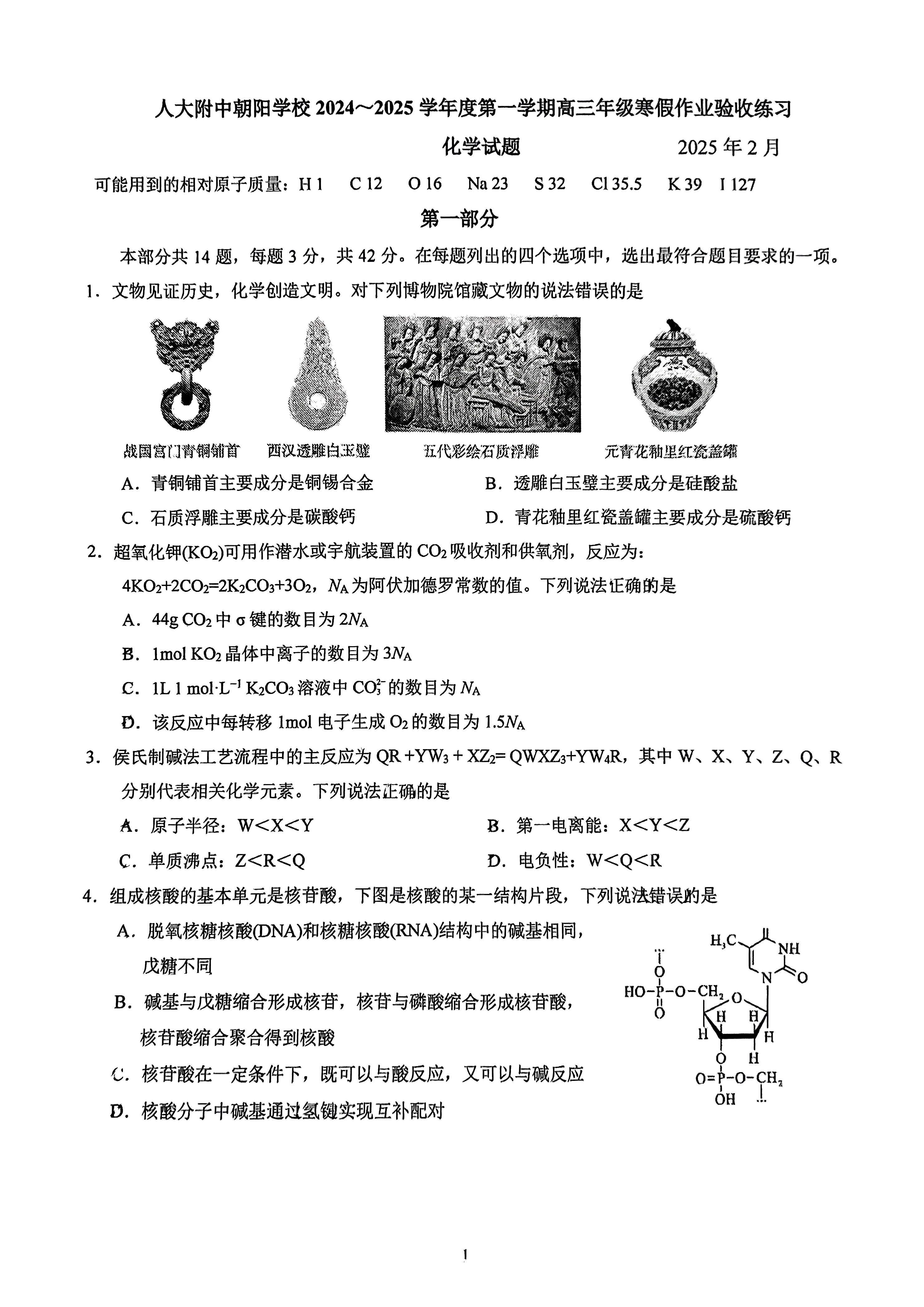 2025北京人大附中朝阳学校高三开学考化学试题及答案