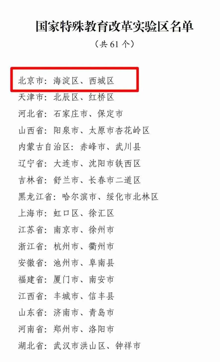 北京市海淀区、西城区等61个国家特殊教育改革实验区