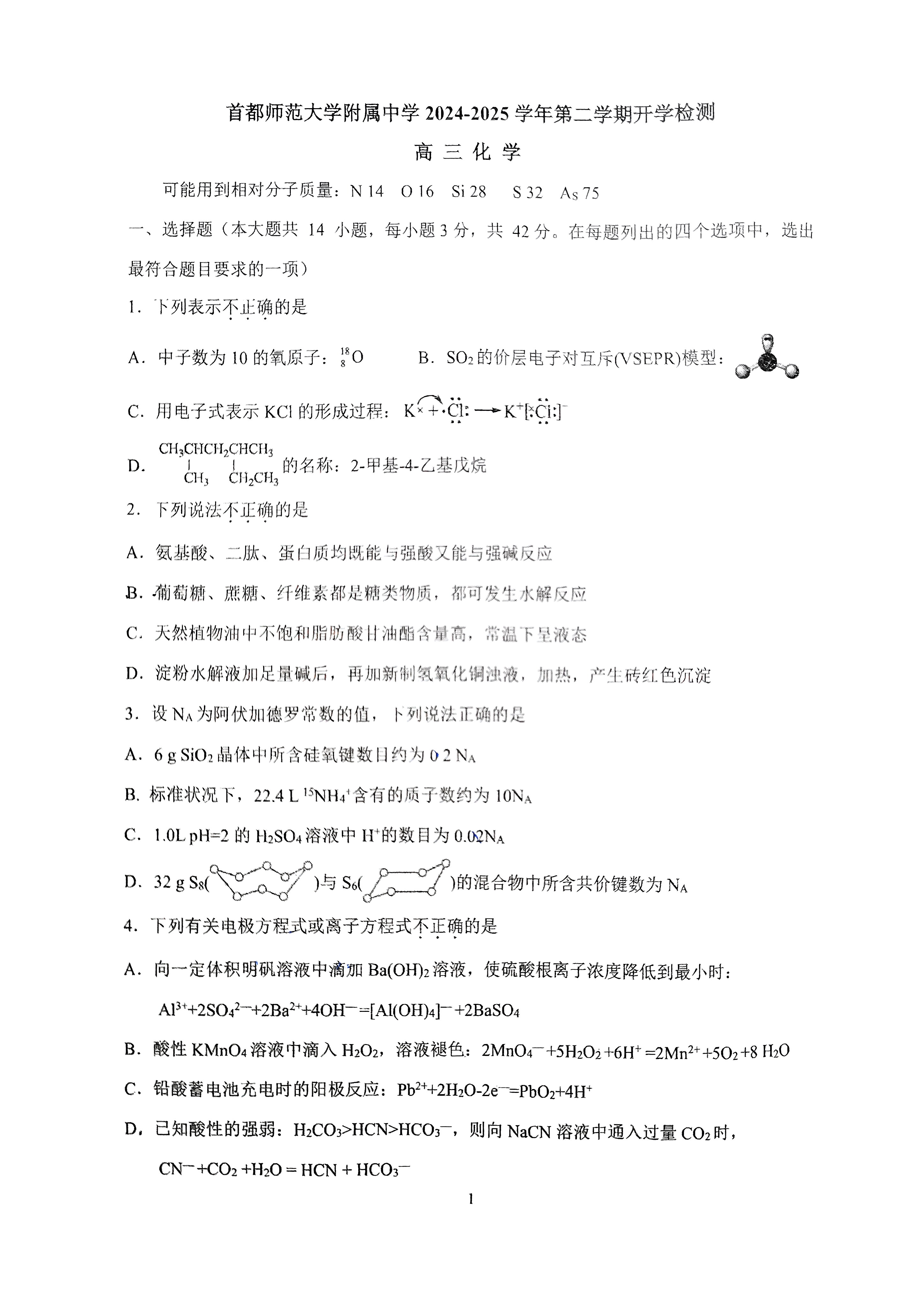 2025首都师大附中高三下学期开学考化学试题及答案
