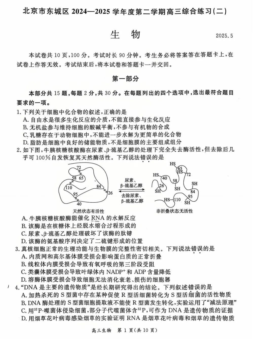 2025北京东城高三二模生物试题及答案