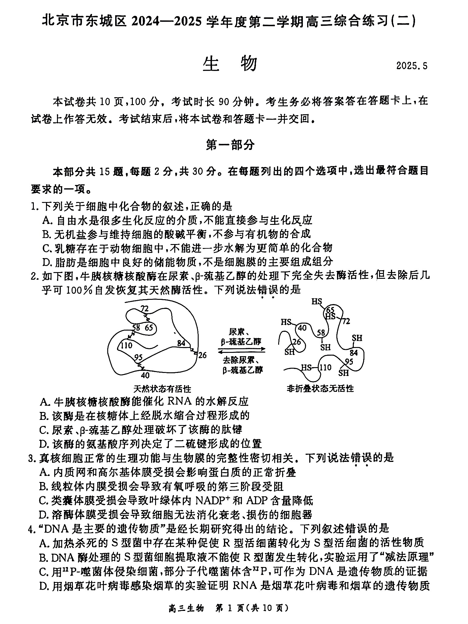 2025北京东城高三二模生物试题及答案