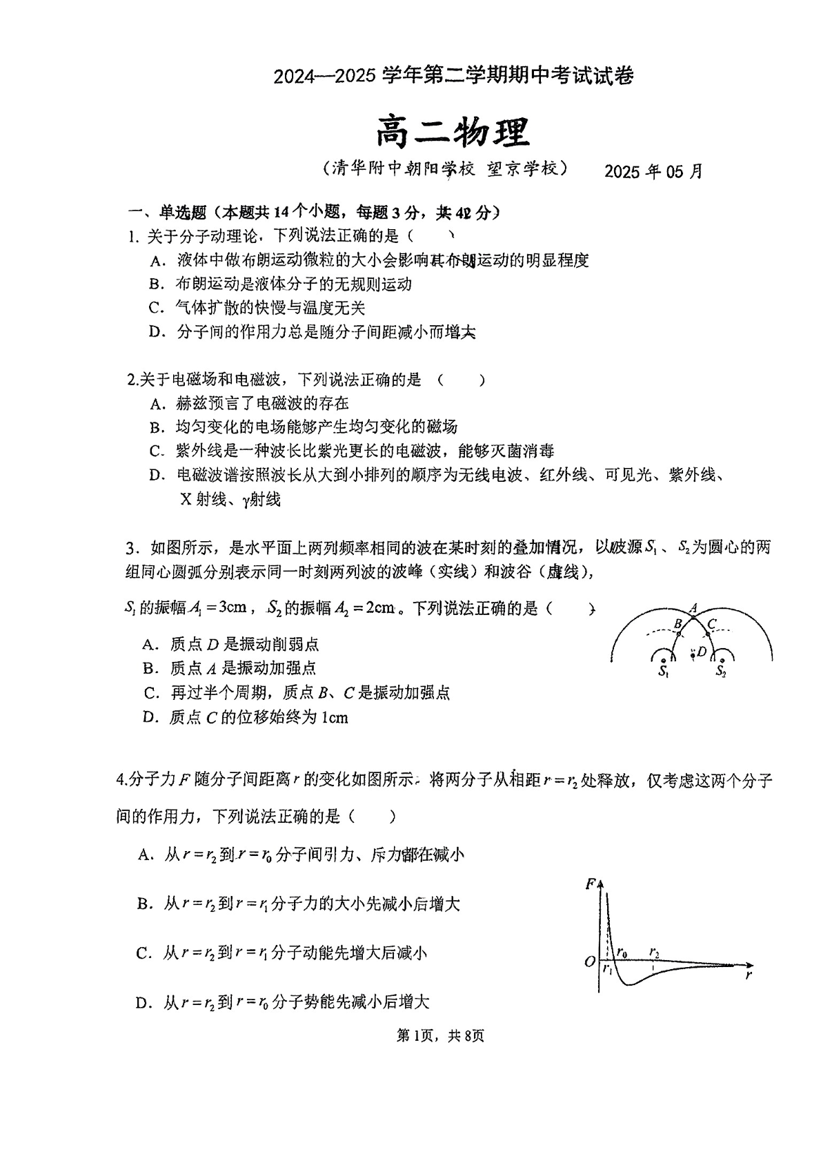 2024-2025学年北京清华附中朝阳学校高二下学期期中物理试题及答案
