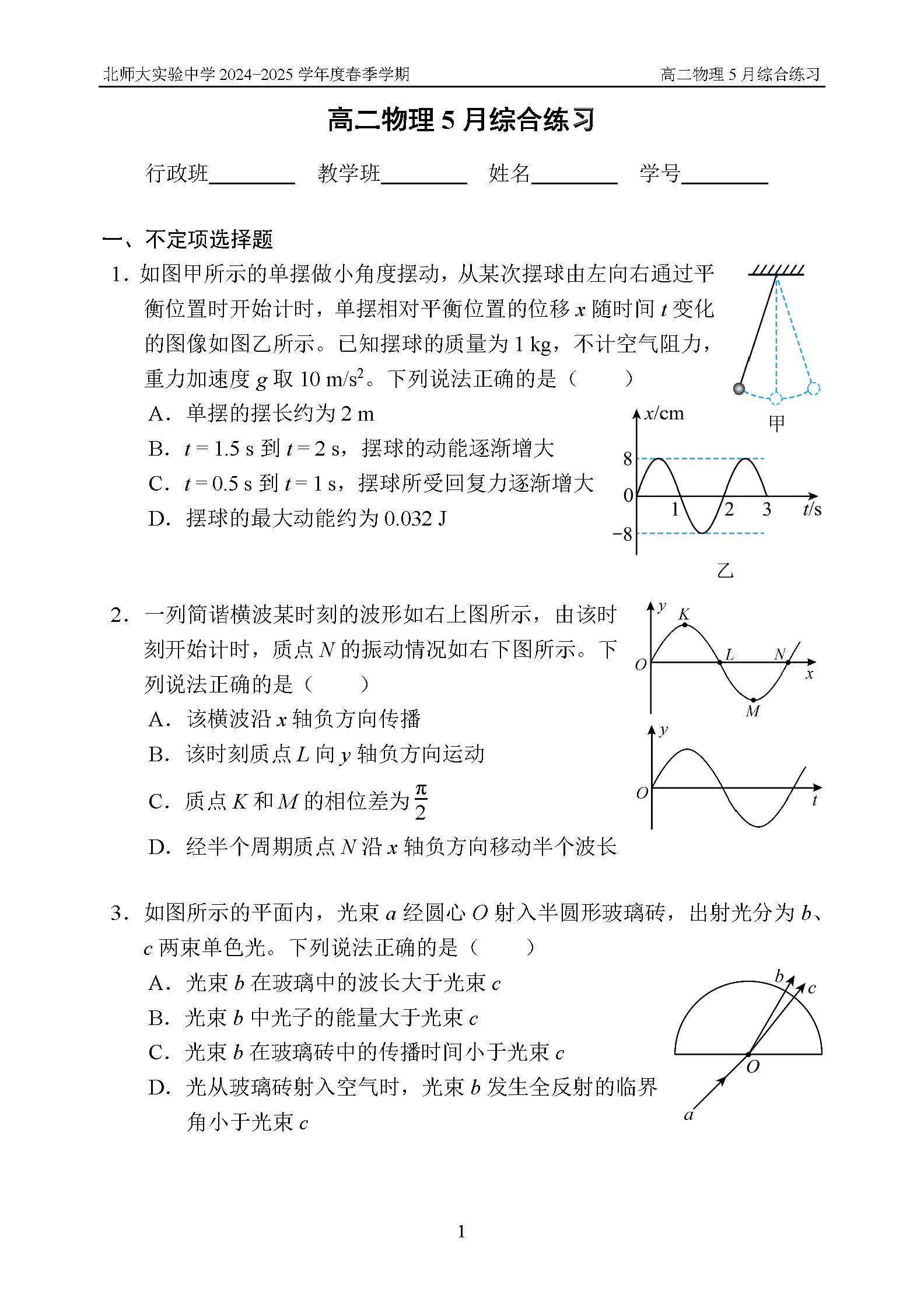 2025北京北师大实验中学高二5月月考物理试题及答案