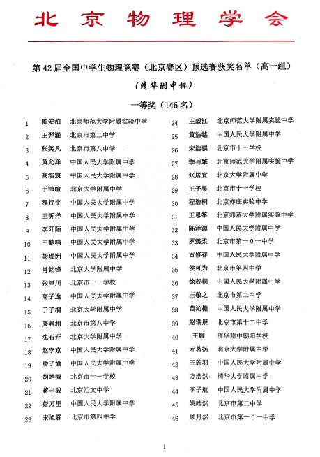 2025第42届物理竞赛（北京赛区）预选赛获奖名单公示（高一组）