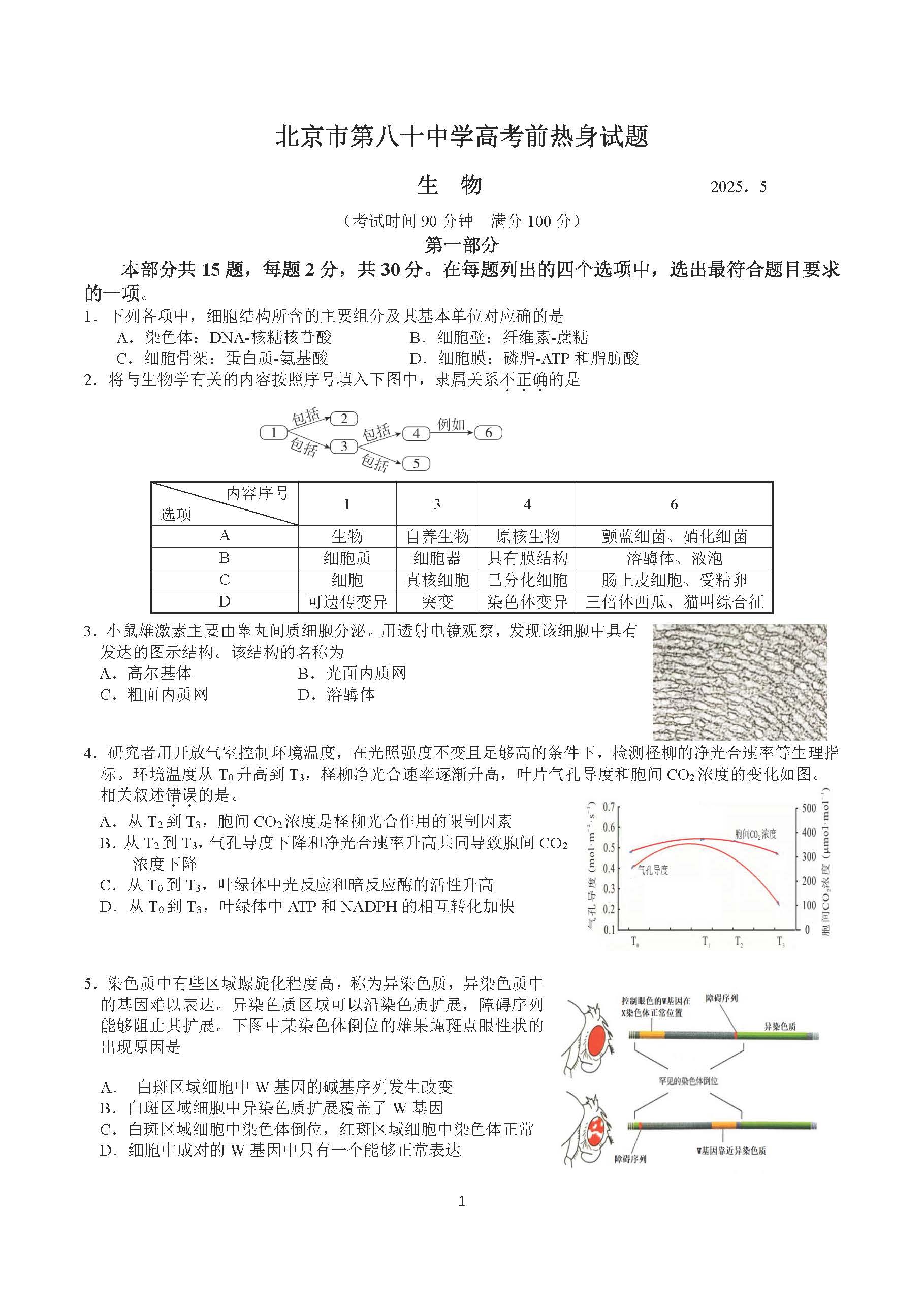 2025北京八十中高三考前热身生物试题及答案