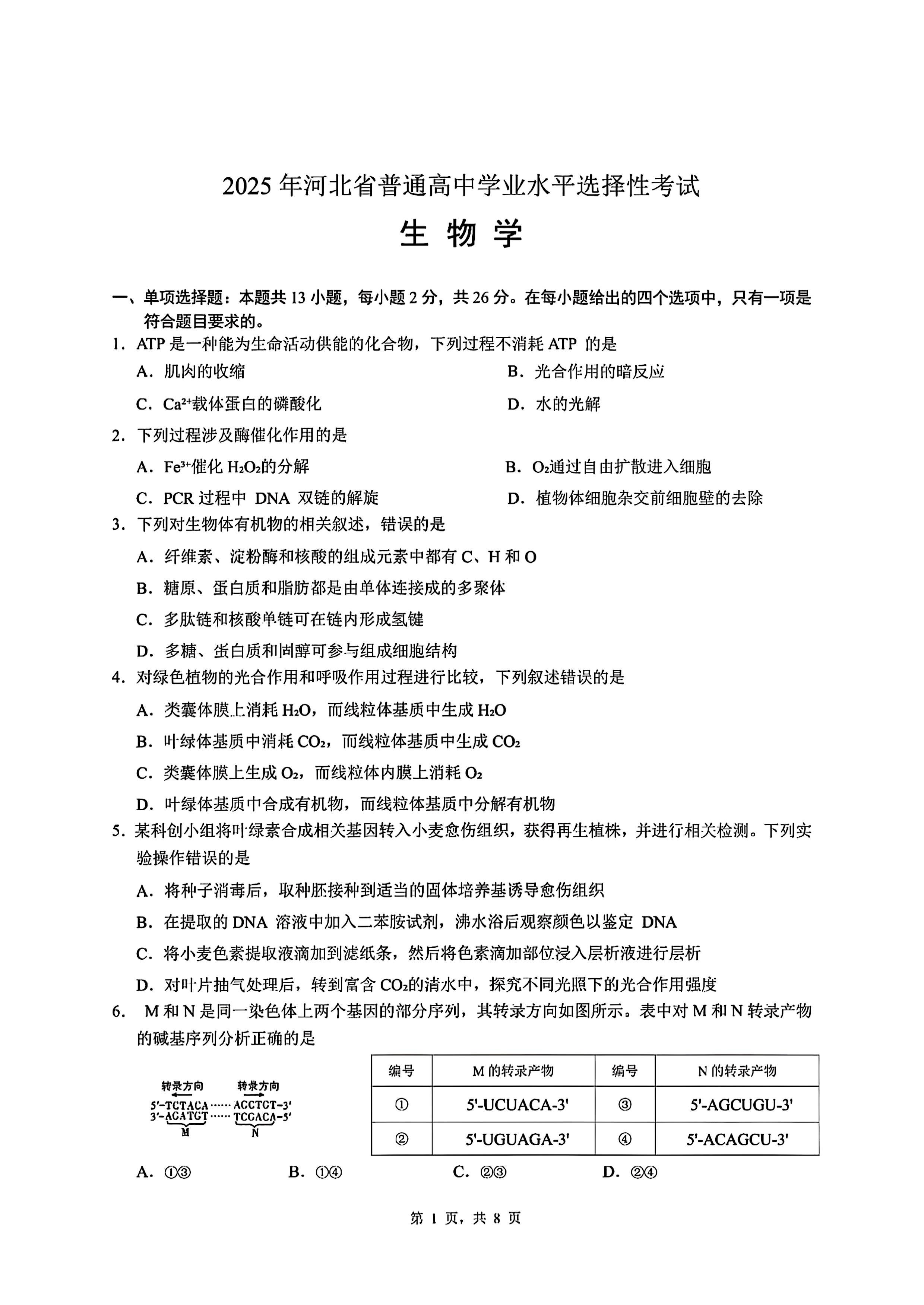 2025河北高考生物试题及答案