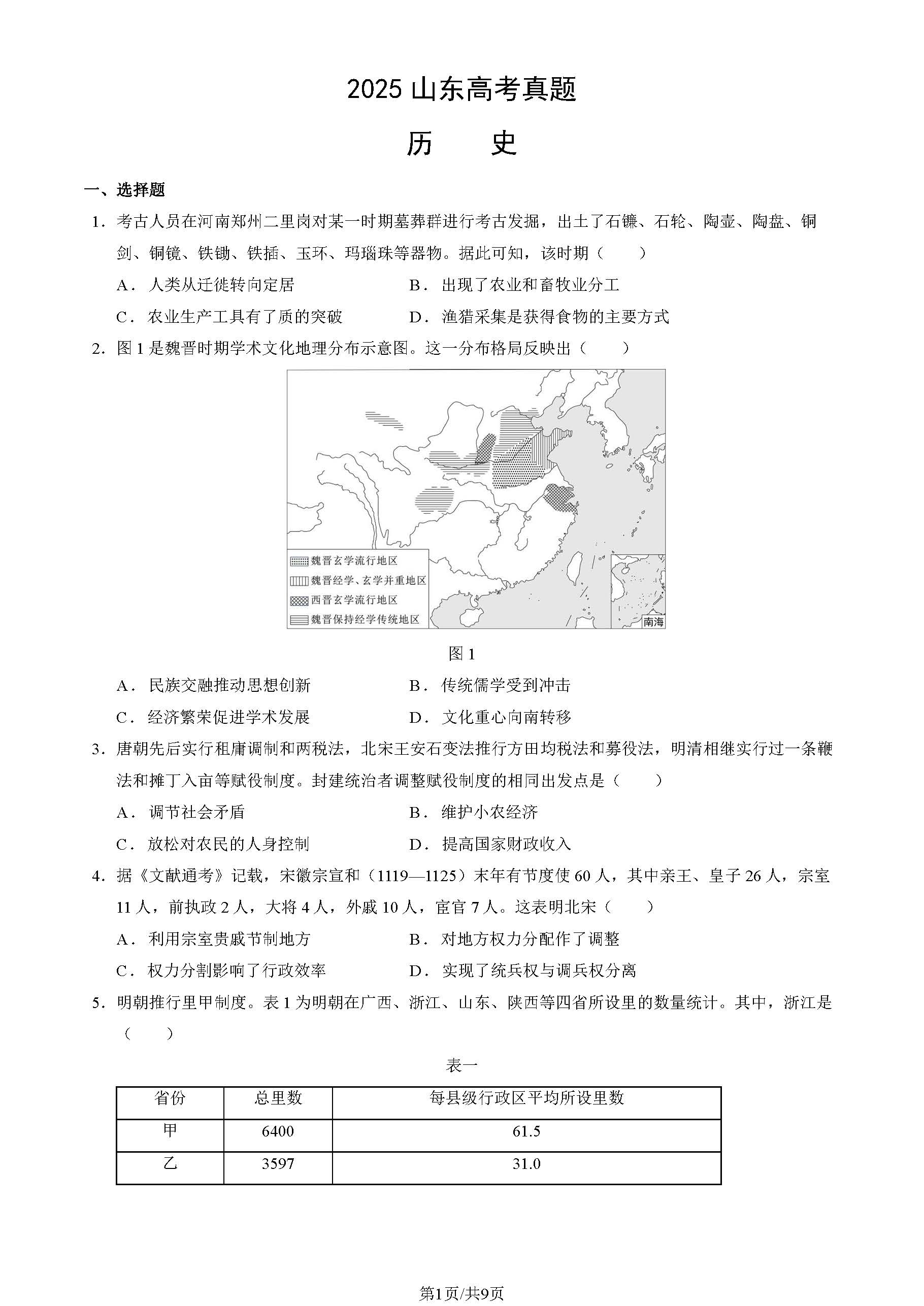 2025年山东高考历史试题及答案