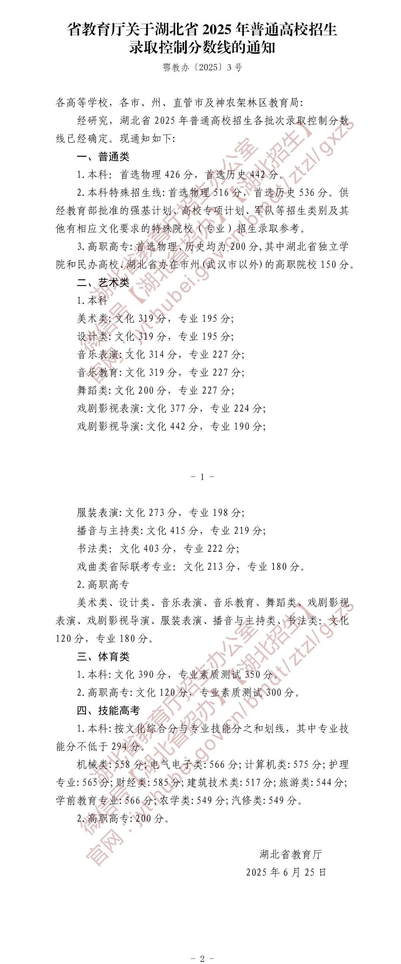 2025年湖北高考本科各批次录取控制分数线