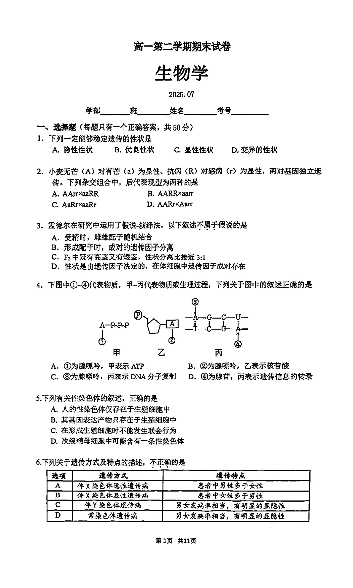2025北京清华附中高一下学期期末生物试题及答案