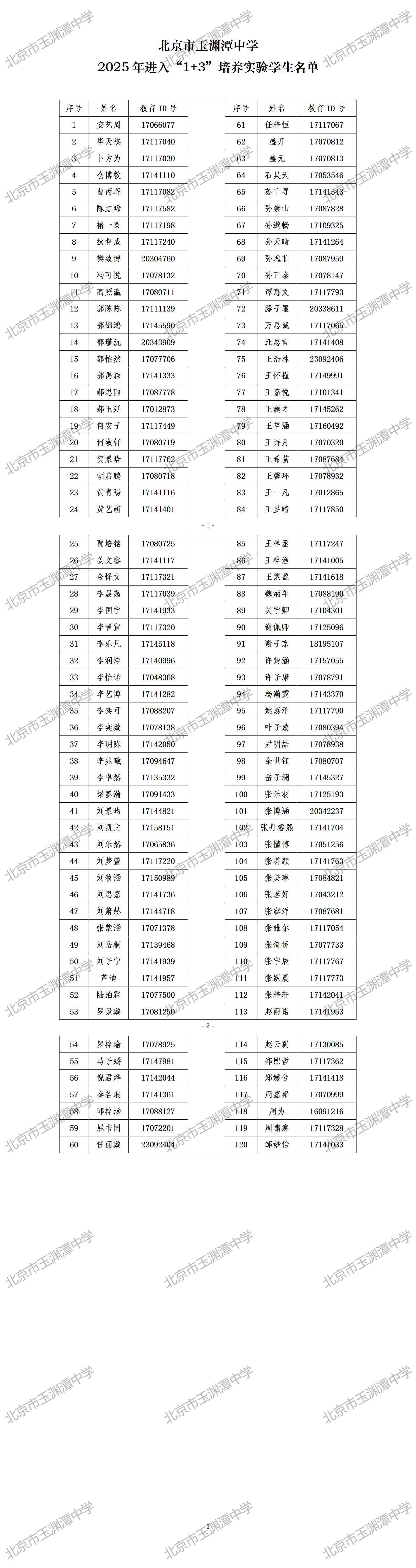 2025北京市玉渊潭中学“1+3”项目录取名单