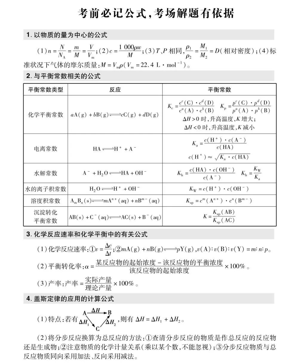 高中化学考试必背公式及快解结论