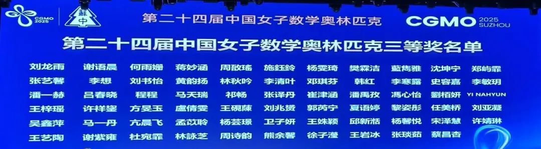 2025第24届女子数学奥林匹克竞赛铜牌名单