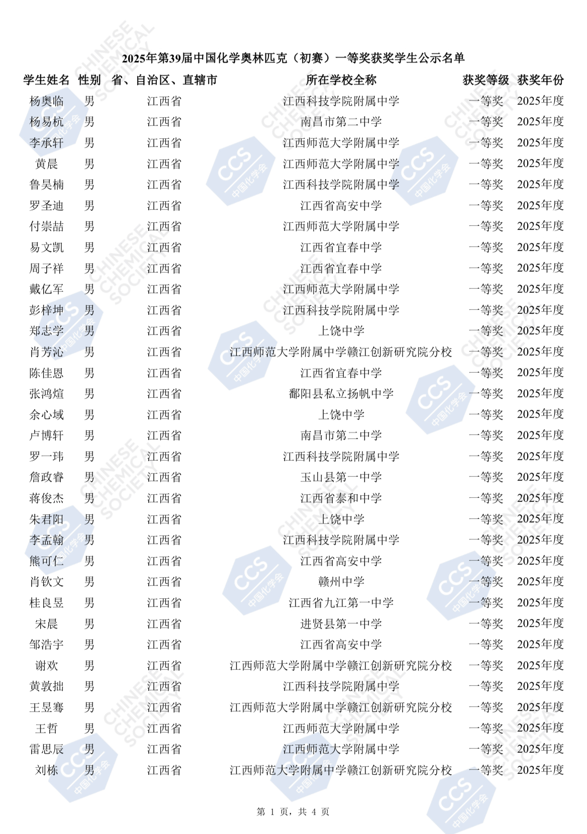 2025江西赛区第39届化学竞赛初赛省一获奖名单