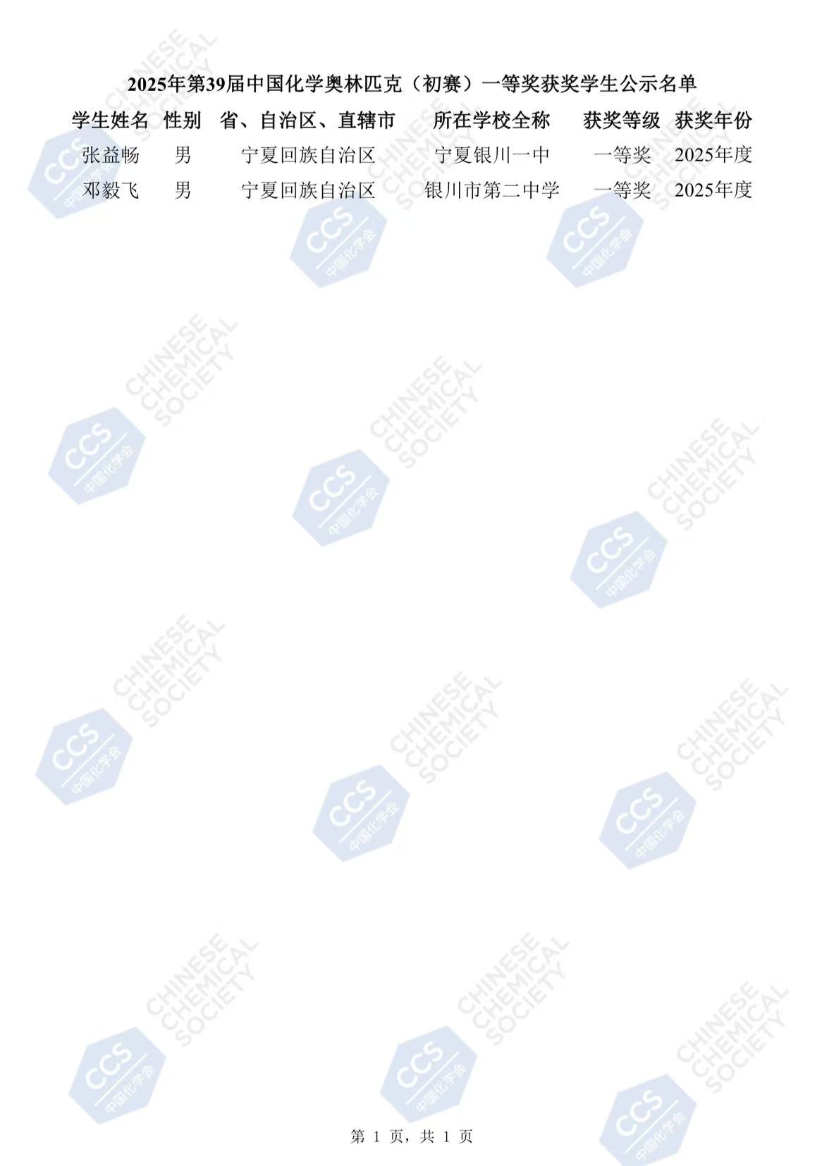 2025宁夏赛区第39届化学竞赛初赛省一获奖名单