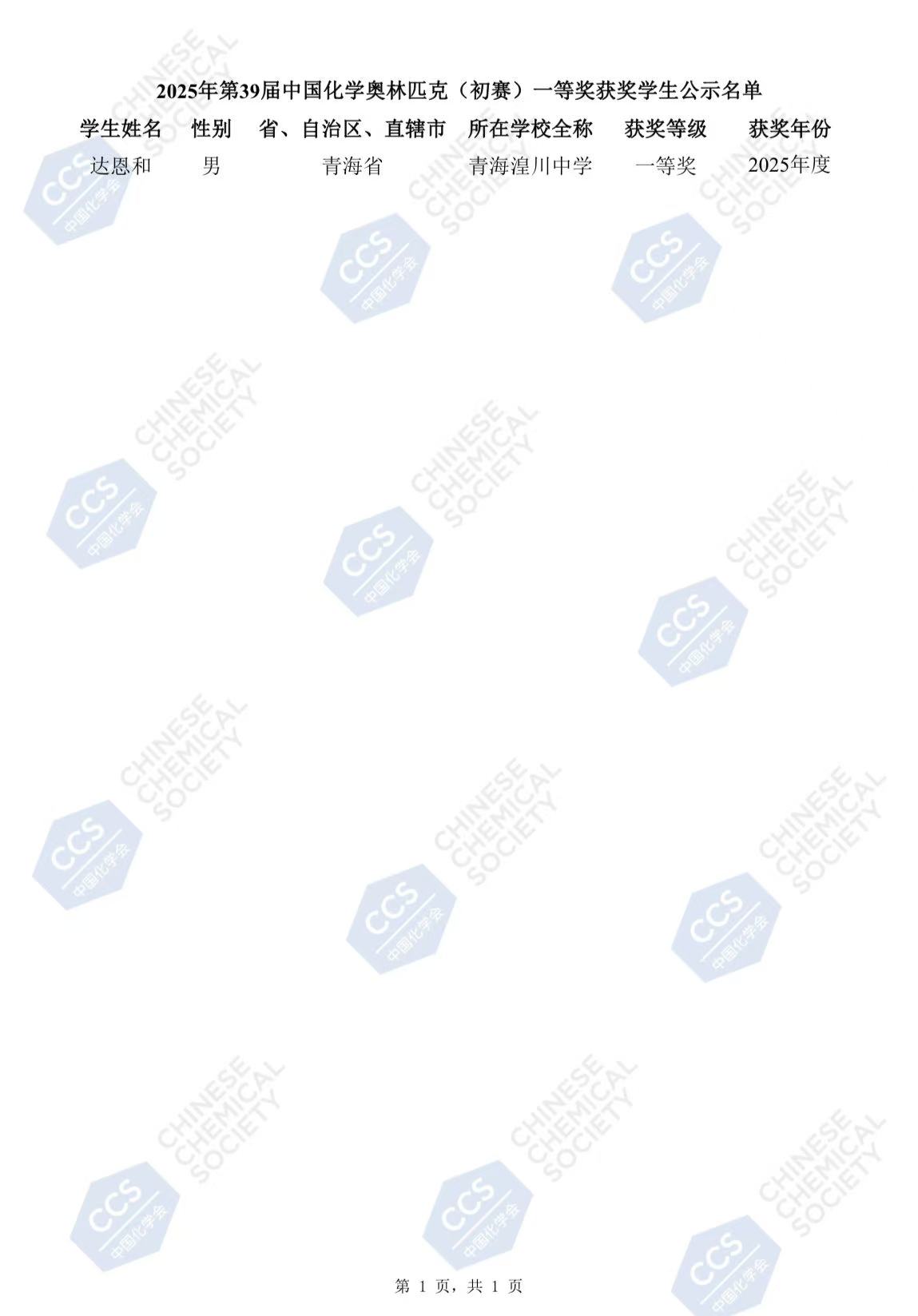 2025青海赛区第39届化学竞赛初赛省一获奖名单