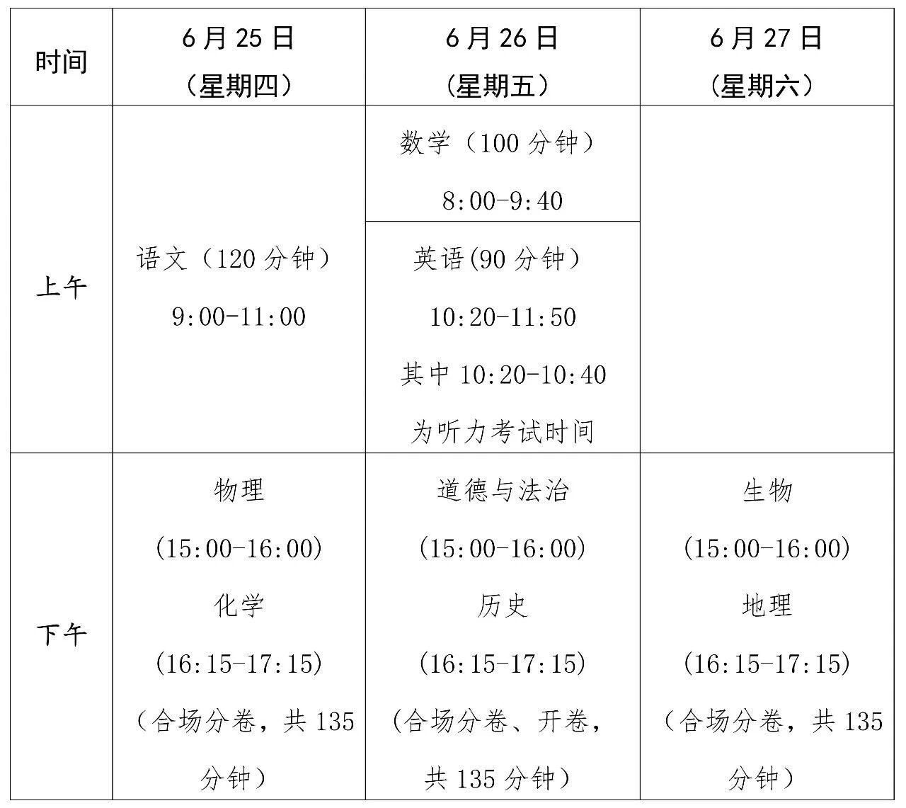 2026年海南中考时间为6月25日-27日